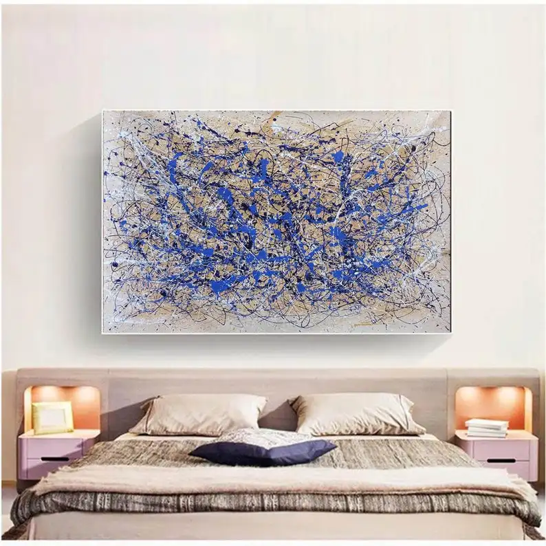 

extra large abstract art, original oil Jackson Pollock canvas art, contemporary art,drip wall art,navy blue painting original