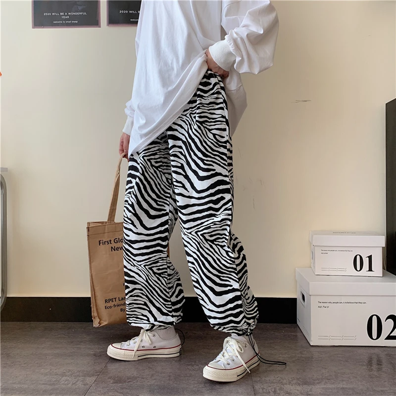 

Fashion New Hip Hop Loose Zebra Stripe Pants Fall Harajuku Elastic Waist Lace Up Harem Pants Casual Sports Wide Leg Trousers