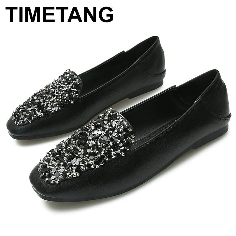 

TIMETANGFemale PU Square Toes Flats Ladies Spring Autumn Woman Leather Shoe Flat Heel Shoes Women shinning Slip-on ShoeE969