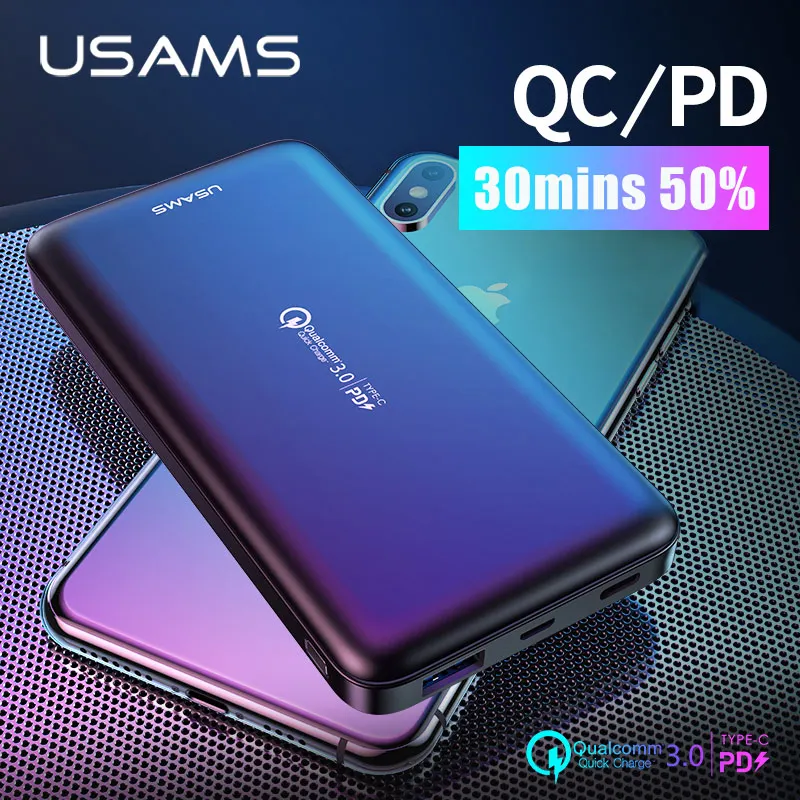 

USAMS 18W Type C PD QC 3.0 Power Bank 10000mah External Battery USB Quick Fast Charging Powerbank For iphone XS Samsung Huawei