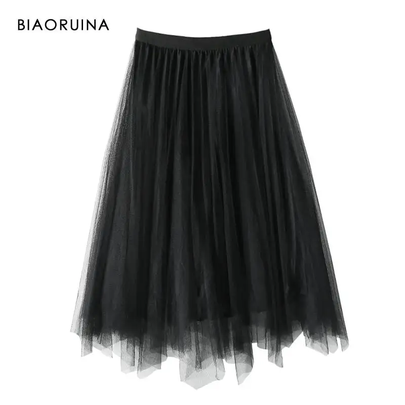 black(no sequines) BIAORUINA, 5 цветов, атласная Лоскутная сетчатая женская повседневная юбка в складку, женская элегантная Однотонная юбка до колена, один размер - Цвет: black(no sequines)