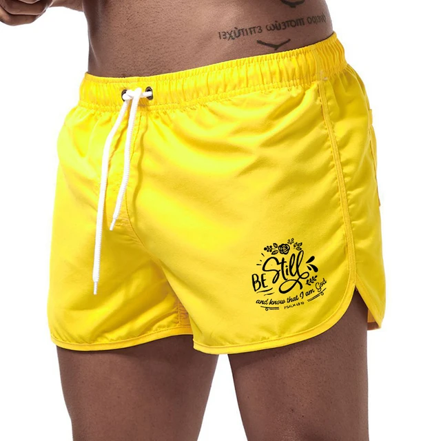 Summer Men's Beach Shorts Letter Printed Fitness Sports Casual Elastic Waist Drawstring Male Board Short Pants S-3XL YELLOW