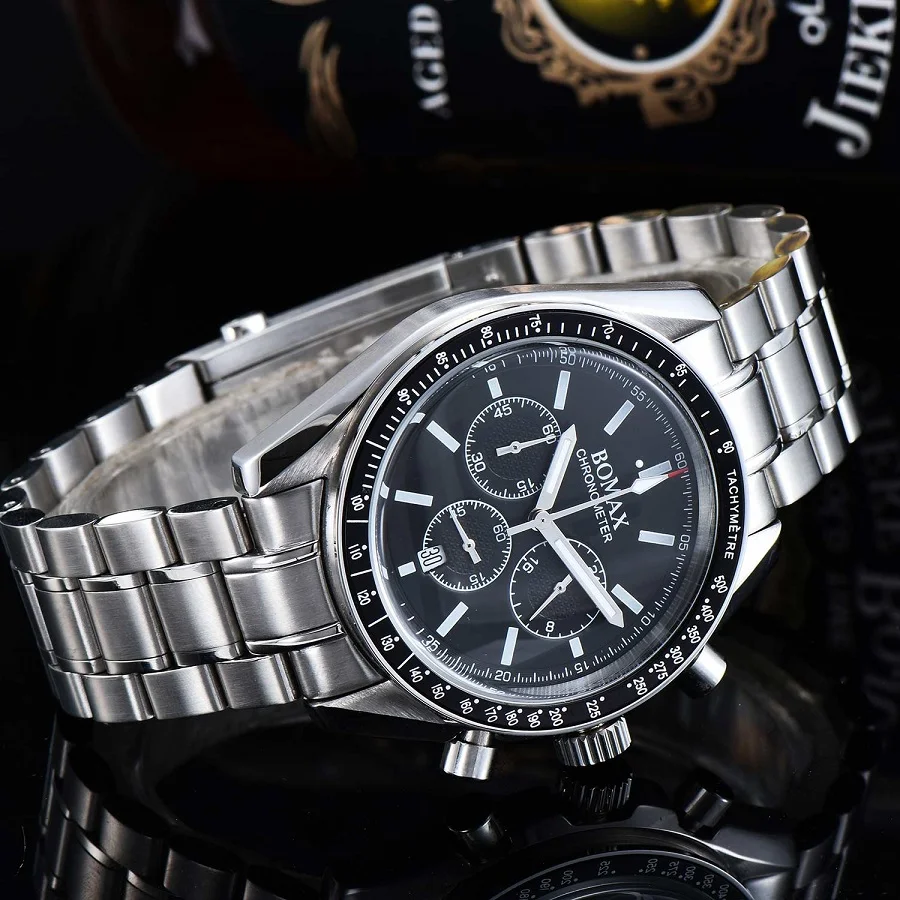 

42mm Chronograph Luminous Watch Men Japan miyota Movement Quartz Date Steel Strap Bracelet Black Bezel Waterproof Watch