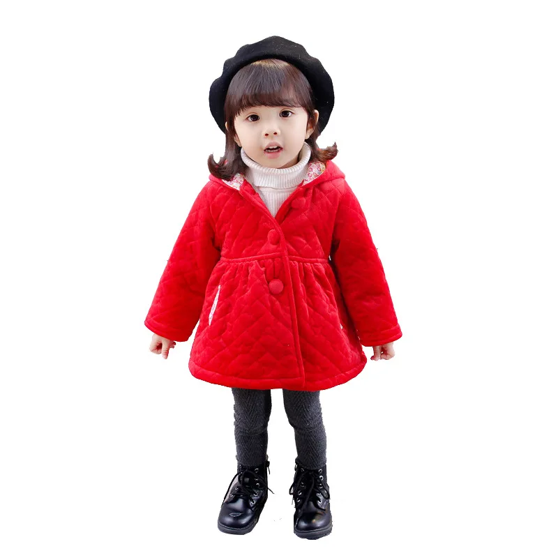 INS hot baby Girls Thick coat 1-5 years old velvet padded hooded coat plaid single breasted Pocket kids outwear girls winter - Цвет: red