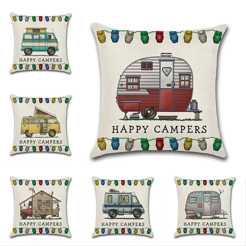 

45Cm*45Cm Cute Camper Big Rv Motorhome Design Linen/Cotton Throw Pillow Covers Couch Cushion Cover Home Decorative Pillows 2021