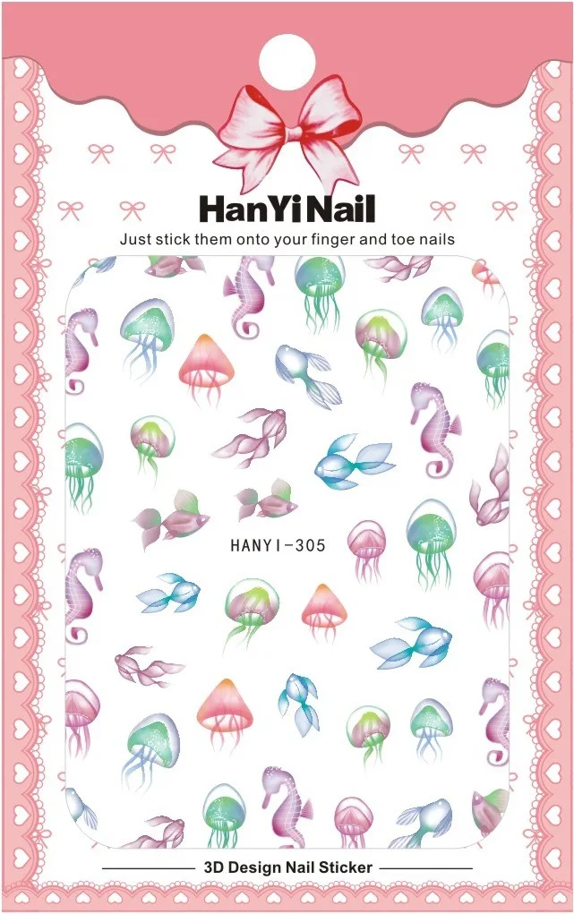 1 лист полупрозрачная 3D наклейка для ногтей Морская жизнь бабочка рисунок золотой рыбки самоклеющиеся украшения для ногтей HANYI-304-308