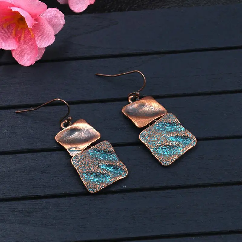 

Bohemian Vintage Copper Hammered Double Sided Square Drop Earring Verdigris Patina Green Earring Women Jewelry