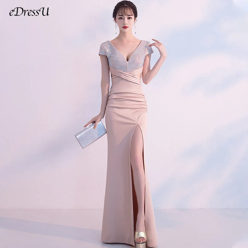

eDressU Beaded Evening Party Dress Sexy Bridesmaid Wedding Guest Dress Slit Long Elegant V Neck Formal Prom Dress YNY-16025