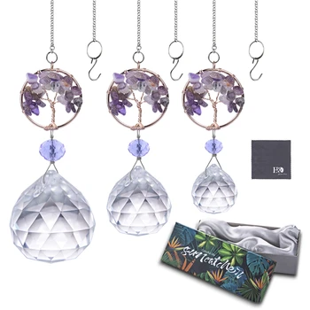 

H&D 3pcs Quartz Natural Stone Crystal Suncatcher Tree of Life Healing Window Prism Ornament for Room Home Office Garden Decor