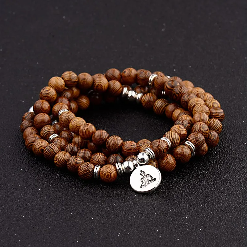 Multilayer Wood Beads Buddha Lotus OM Bracelet Tibetan Buddhist Mala Charm Rosary Bracelet - Image 3