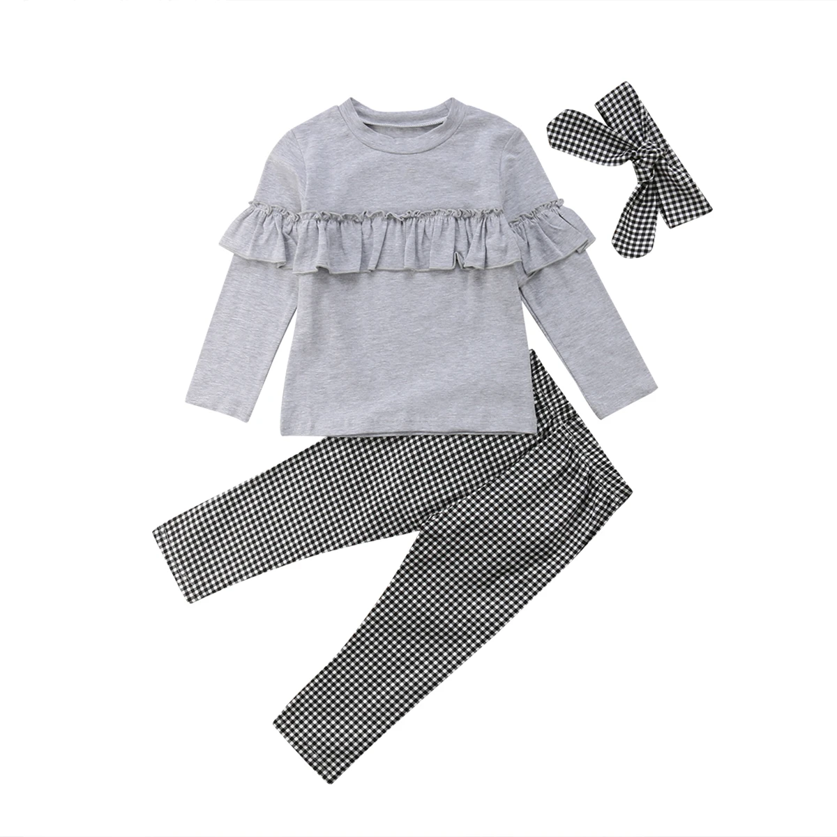Комплект детской одежды из 3 предметов для малышей, Осенний топ с длинными рукавами и оборками для маленьких девочек+ штаны в клетку, леггинсы+ повязка на голову - Цвет: Серый