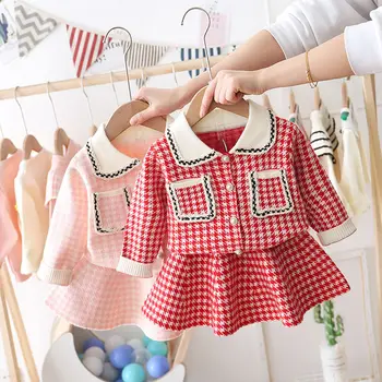 

Spring new 2-6 year old children's clothing girls baby striped plaid sweater suit wearing fashion knitted cardigan short dress