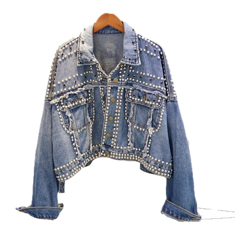Одежда в стиле панк 2019 Демисезонный отворотом куртка с заклепкой джинсовые рубашки больших размеров, джинсовая куртка женские свободные с
