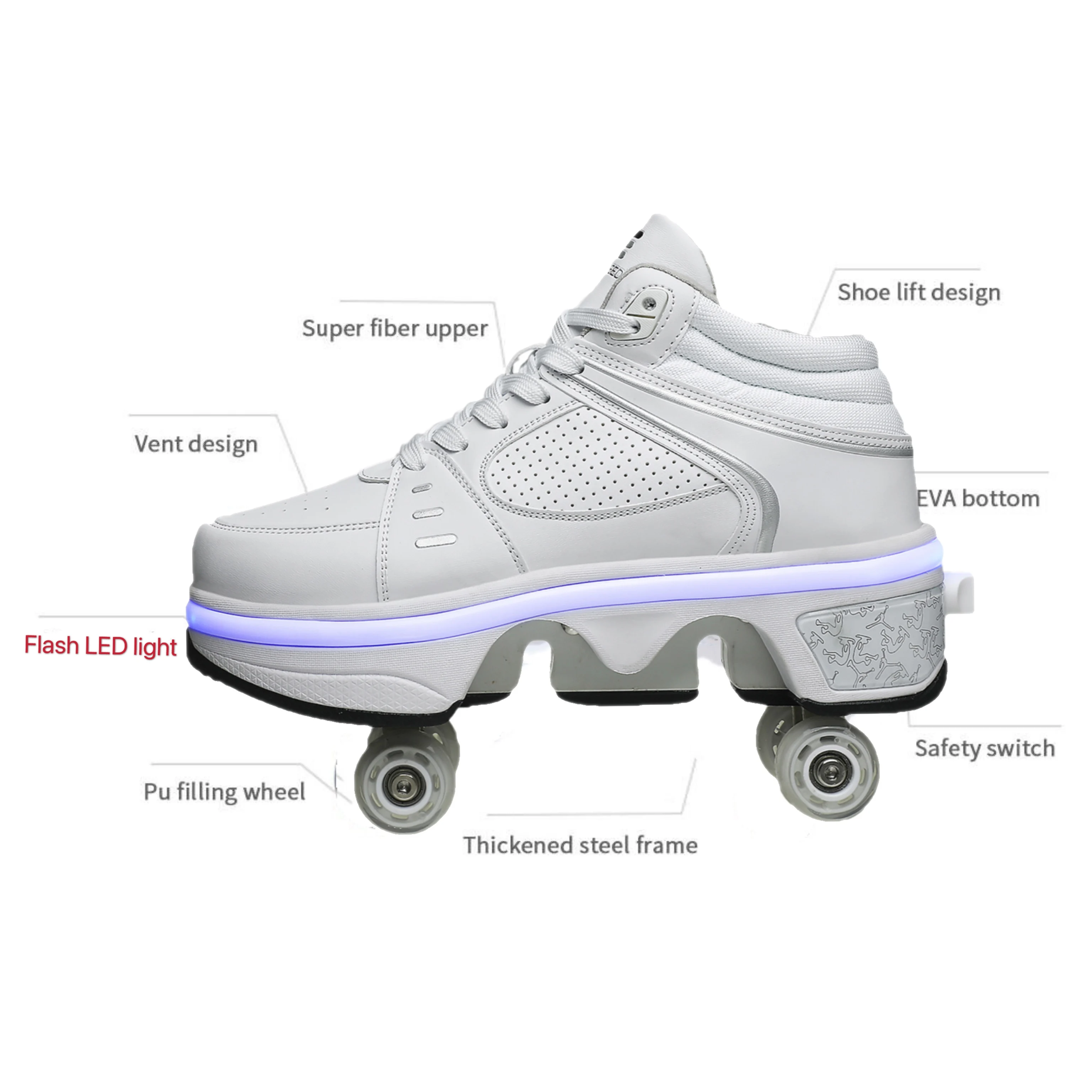 2025 New Deformation Parkour Shoes LED Flash Four Wheels