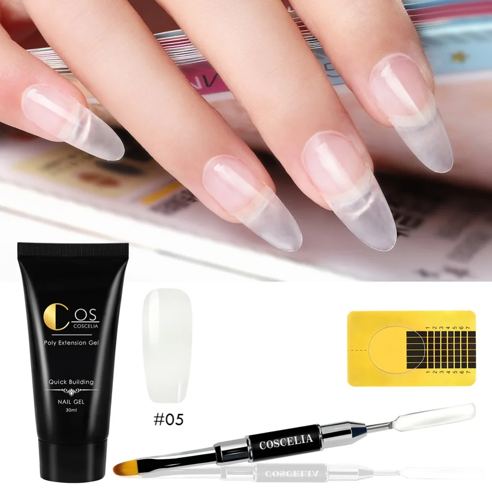 COSCELIA 4 шт./компл. поли удлинитель гель Наборы Nail Art французский ногтей прозрачный розовый белый Цвета накладные ногти с украшением в виде кристаллов УФ-гель ломтик Кисть для ногтей