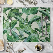 Mantel Individual pintado a mano, estampado de hojas verdes para mesas, aislamiento térmico, lino, almohadillas para comer, 1 Uds.