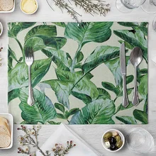 1 Uds Mantel Individual pintado a mano verde estampado de hojas para mesas aislamiento térmico Lino cocina almohadillas para comer