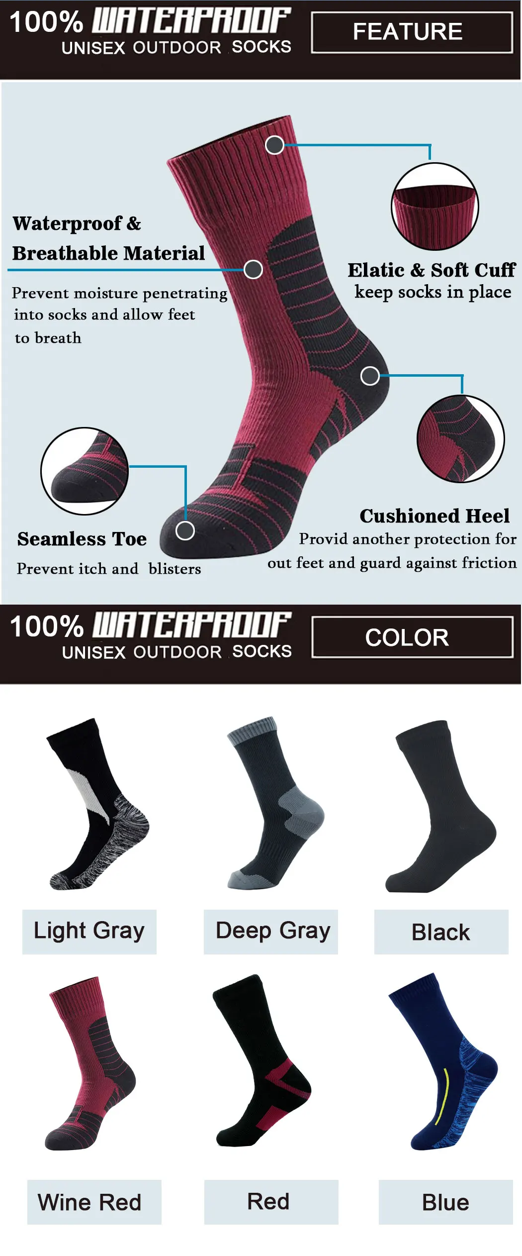 Chaussette de ski,Chaussettes sèches imperméables et respirantes unisexes, pour la pêche en