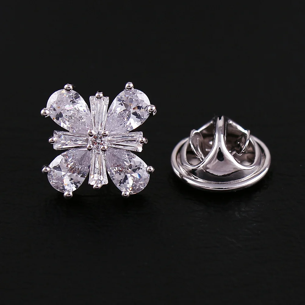 

Crystal Clover Men Brooch Small Collar Pin Top Grade Micro Zircon Anti-Exposure Women's Shirt Collar Button 1094