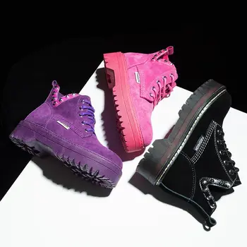 

REVT boots new style womens Genuine Leather fashion Thick bottom Martin boots top quality womens motorcycle boots womens shoes