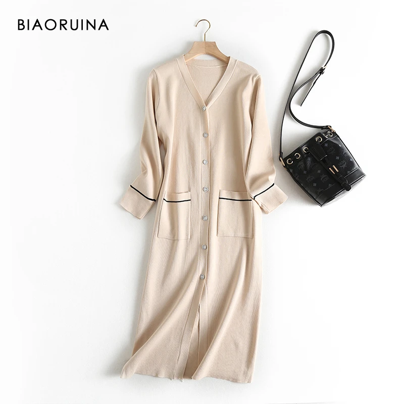 BIAORUINA, женское, винтажное, хит, цветное, однобортное, вязаное платье, женское, свободное, v-образный вырез, модное, корейский стиль, длинное платье, один размер
