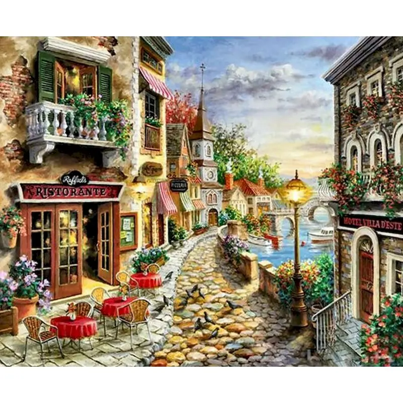 Cityscape DIY Painting Kit on Framed Canvas - Adult Hand-Painted Oil Picture