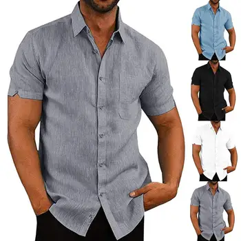 

Summer Casual Men Solid Color Turn Down Collar Short Sleeve Pocket Buttons Slim Shirt