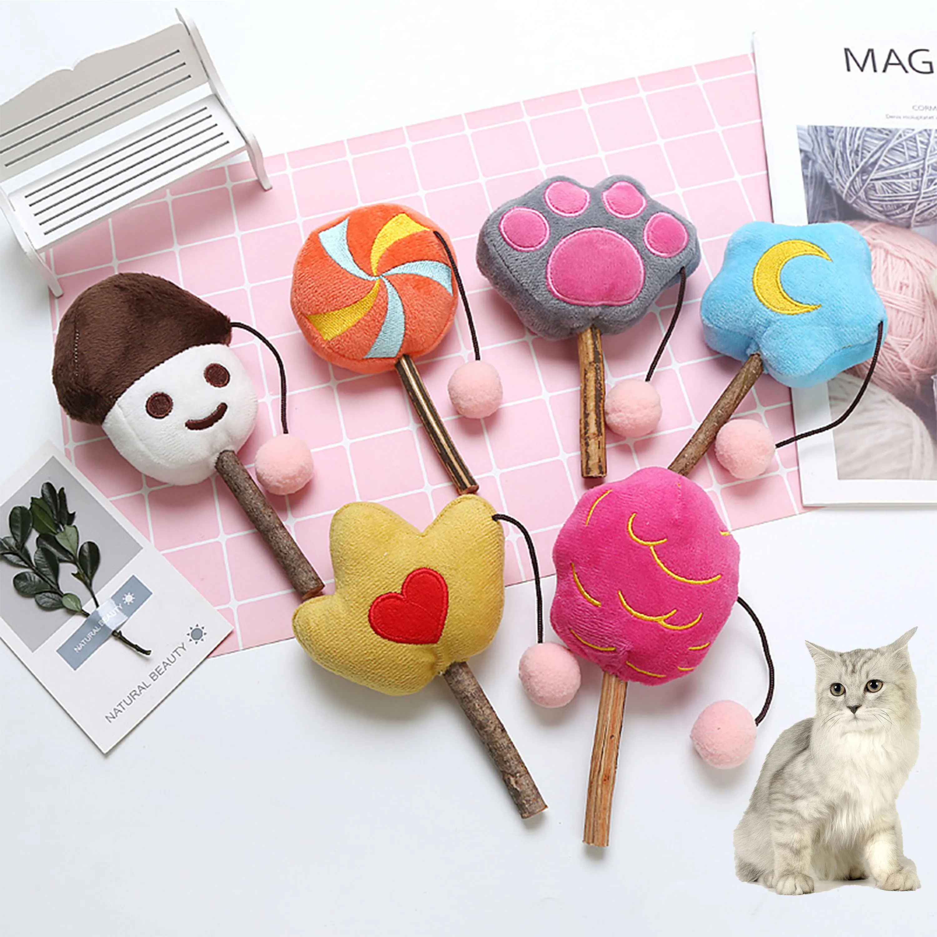 Lollipops Pet Cat Plush Teething Toys Catnip Lollipop Color Pet Molar Stick Toy with  #Cr 
