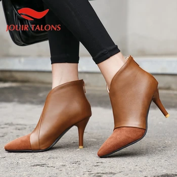 

JOUIR TALONS Hot Sale Big Size 48 women shoes Patchwork Office Ladies Pointed Toe Thin High Heels Pointed Toe Ankle Boots