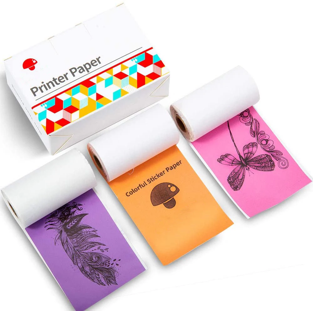 Mini impresora térmica de colores M02/M02S, Personaje negro en Purple/rosa/naranja, 50mm x 3,5 m, diámetro 30mm, 3 rollos