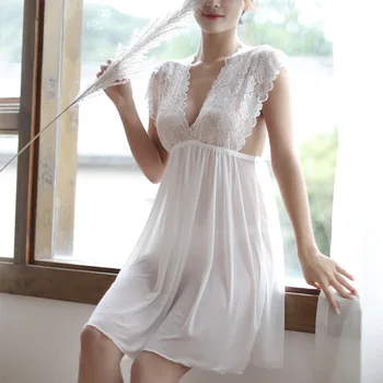 

Lace Visible Mesh Deep V-neck Nightdress Sexy Lingerie Nightgowns Sleepwear Night Dress Women Sleeveless Silk Satin Nightshirt