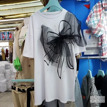 

European Loose T-shirt Women 2020 Summer Bowknot Lace Top Rhinestones Mesh Stitching T-shirt Female Long T Shirts Tops
