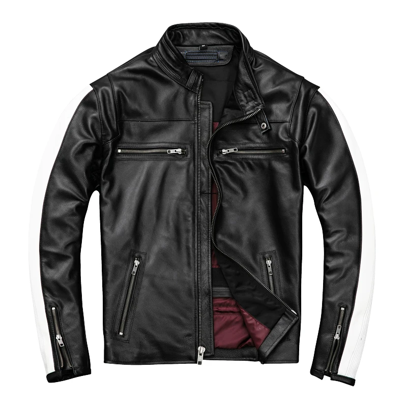 

2020 Black Men Slim Fit Racing Jacket Plus Size XXXXL Genuine Cowhide Russian Autumn Biker's Leather Coat