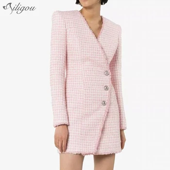 

Ailigou Fall High Quality New Fashion Pink Wool Fabric Slim Fit V-neck Long Sleeve Silver Button Decorated Women's Mini Dress