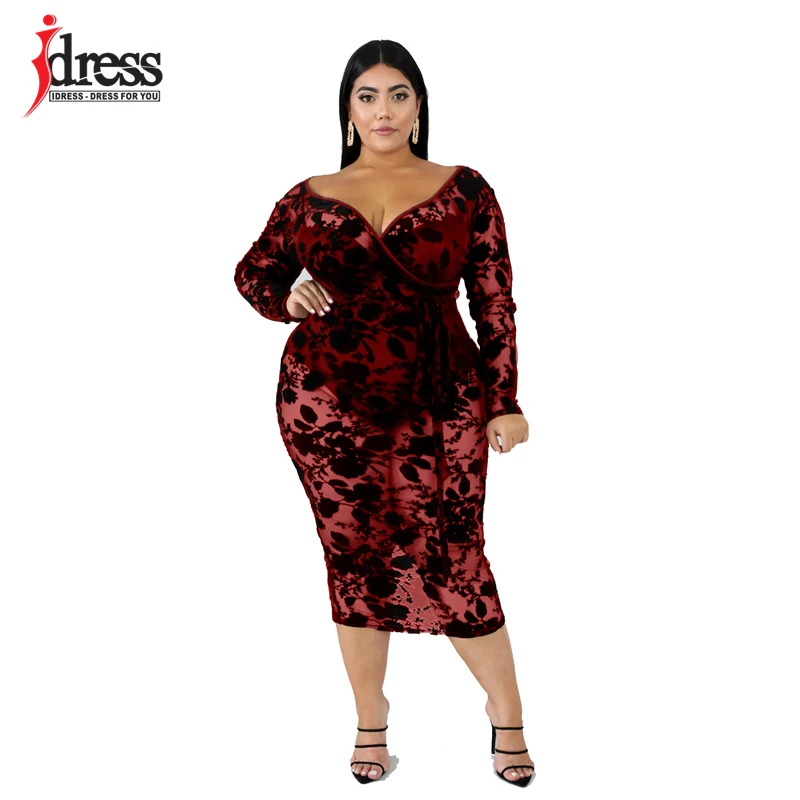 IDress XL-5XL 6XL размера плюс осеннее платье с v-образным вырезом и длинным рукавом