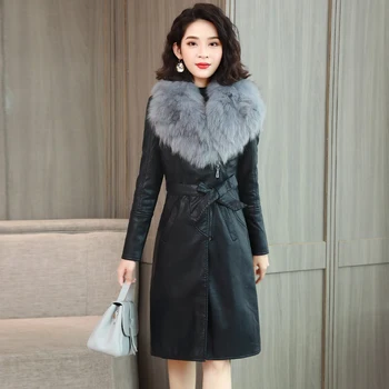 

2020 Autumn Winter New Female Medium Long Turn-down Collar Splicing Coat Long Leather Jacket