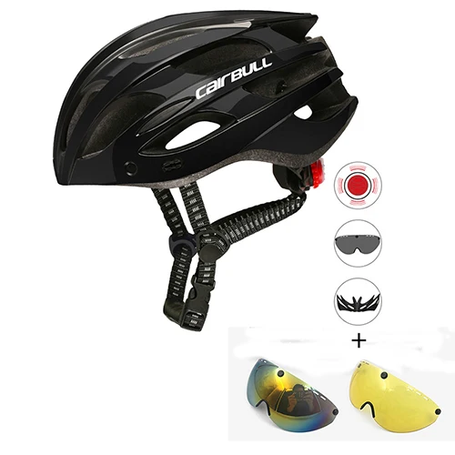 Cairbull Light Cycling Helmet with Removable Visor Goggles Bike Taillight Intergrally-molded Mountain Road MTB Helmets 226g - Color: black with 3 lens