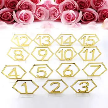 

1-15 Hexagon Table Seat Signs Numbers Gold Acrylic Mirror for Engagement Wedding