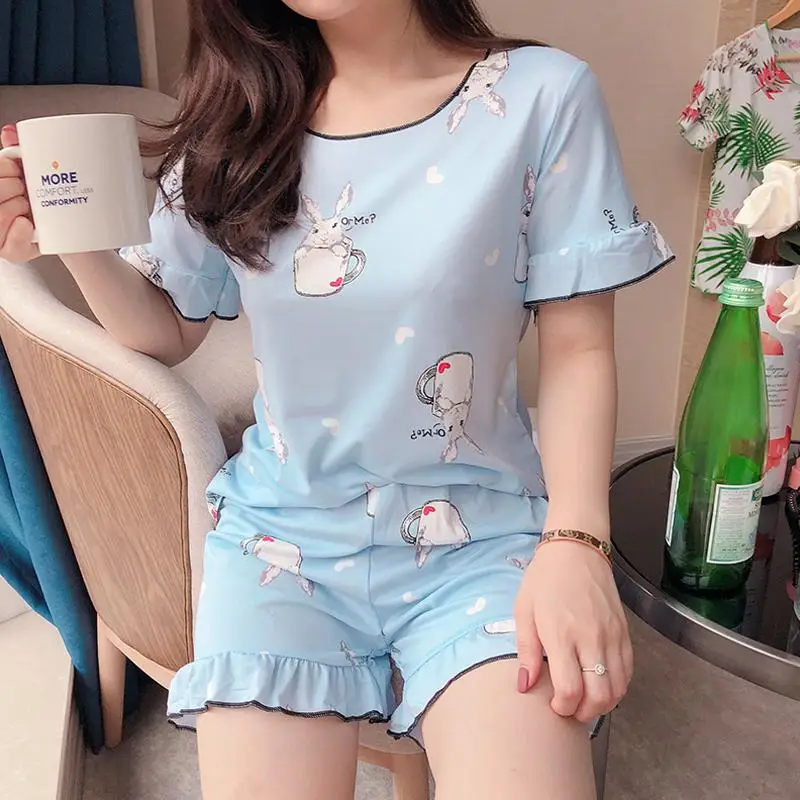 Cute Women Cartoon Kawaii Sleepwear Summer Print T-shirt Tops+ Elastic Waist Casual Loose Shorts Pajama Sets Home Clothing