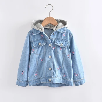 

2020 Spring Autumn Flamingog Embroidery Denim Jackets For Girls Jeans Coat Hooded Children Denim Coat Kids Girls Jackets