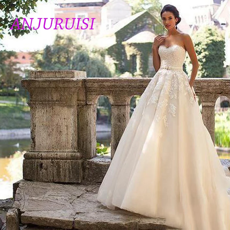 

ANJURUISI 2019 Strapless Tulle Wedding Dress Lace Up Back A Line Bride Dresses Elegant Appliques Lace Wedding Gowns With Sashes