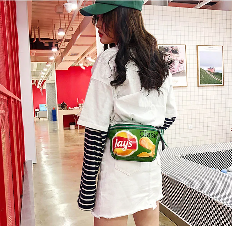 Модная мини-поясная сумка для женщин в стиле хип-хоп с картофельным чипом, поясная сумка, качественная искусственная кожа, нагрудные сумки с граффити, женская сумка формы «банан»