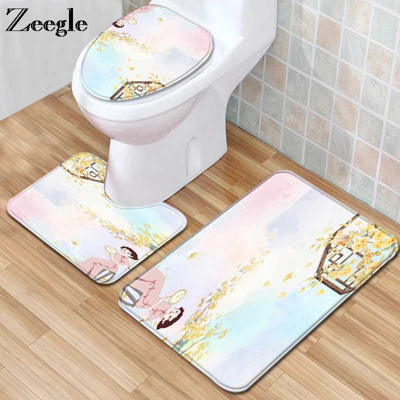 Zeegle Bath Mat Set Toilet Cover Seat Mat Flannel Soft Toilet Pedestal Rug Non Slip Absorbent Bathroom Doormat Shower Mat Carpet