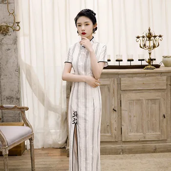 

White Oriental Design Print Stripe Women Plus Size 3XL Cheongsam Elegant High Split Chinese Evening Dress Retro Stage Show Qipao
