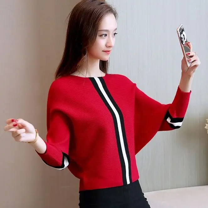 

Sweater women's round neck pullover bat shirt autumn and winter loose knit base shirt long sleeve short top women's clothing