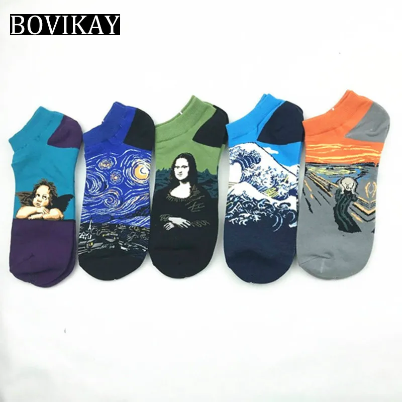 

10pairs/pack Summer Mens British Style Boat Sock Personality Famous Painting Sport Socks Oil Painting Cotton Happy Slipper Socks
