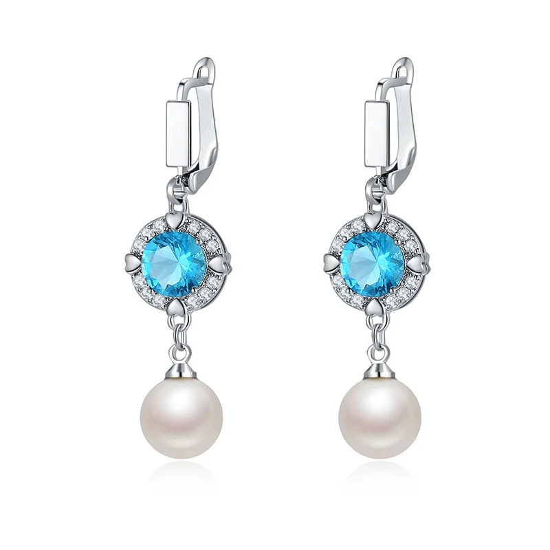 Circle Earring Nice pearls High-quality Fashion lady Wedding party Jewelry Shining cubic Zircon gold filled hoop earrings for wo - Окраска металла: light blue
