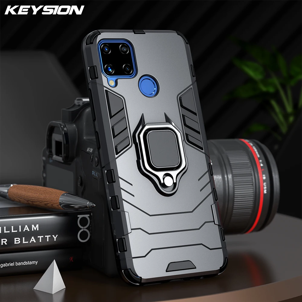 

KEYSION Shockproof Armor Case for Realme C15 C17 C12 C11 C3 V5 Ring Stand Silicone Phone Back Cover for OPPO Realme Q2 Q2 Pro