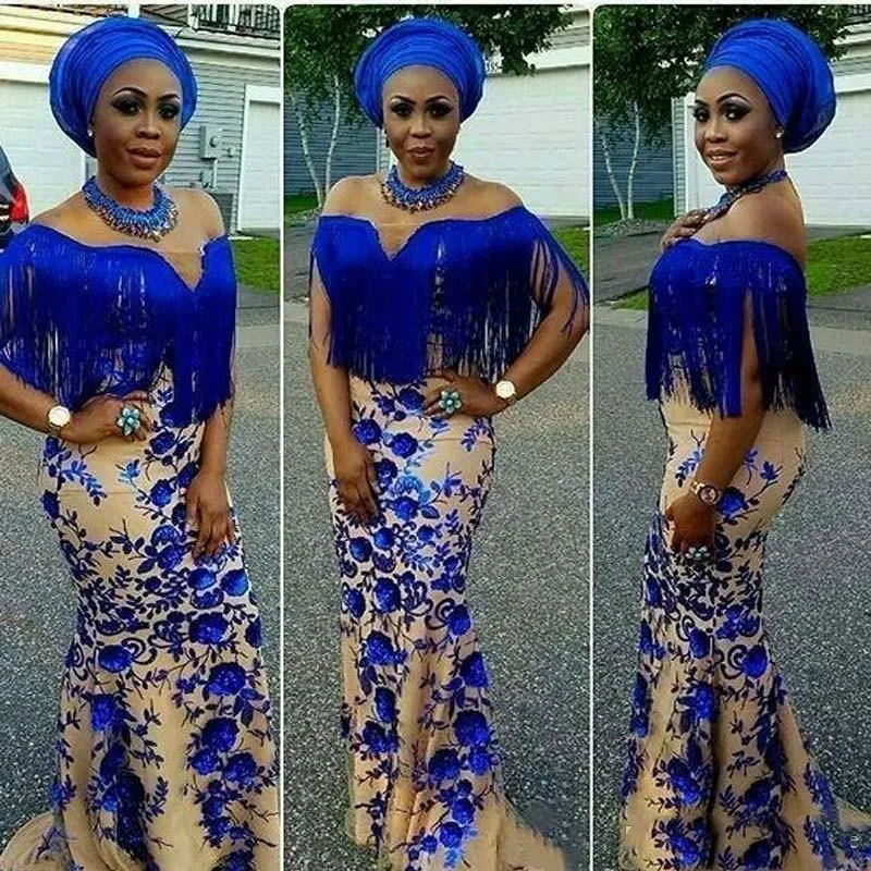 

Dubai African Mermaid Evening Dresses Plus Size Off The Shoulder Tassels Appliques Flowers Prom Dress Royal Blue Gowns robe de s