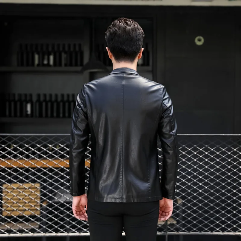 

Autumn New Style Middle-aged Men Haining Leather Coat Short Men'S Wear Business Casual Suit Collar Biker Leather Jacket